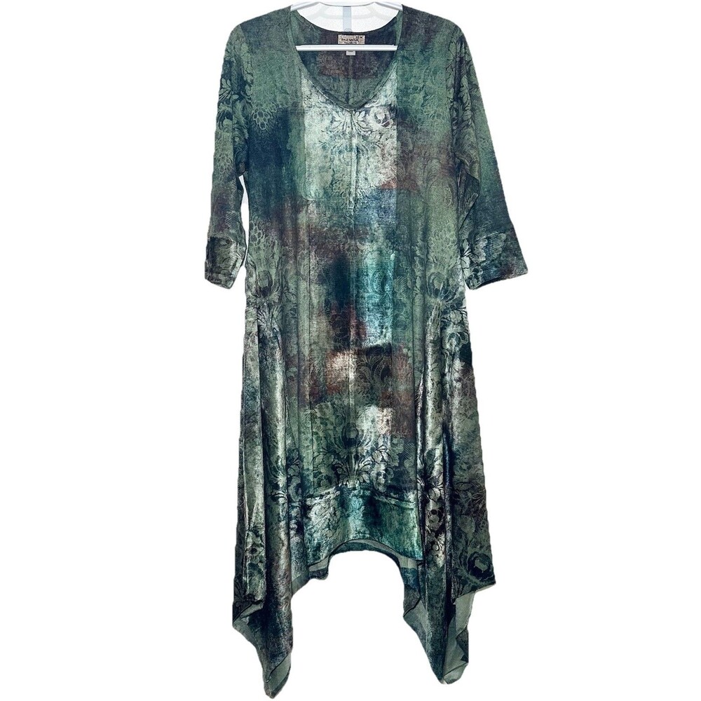 OneWorld Live Let Live M Green Velvet Feel Boho Tunic Dress Handkerchief Hem